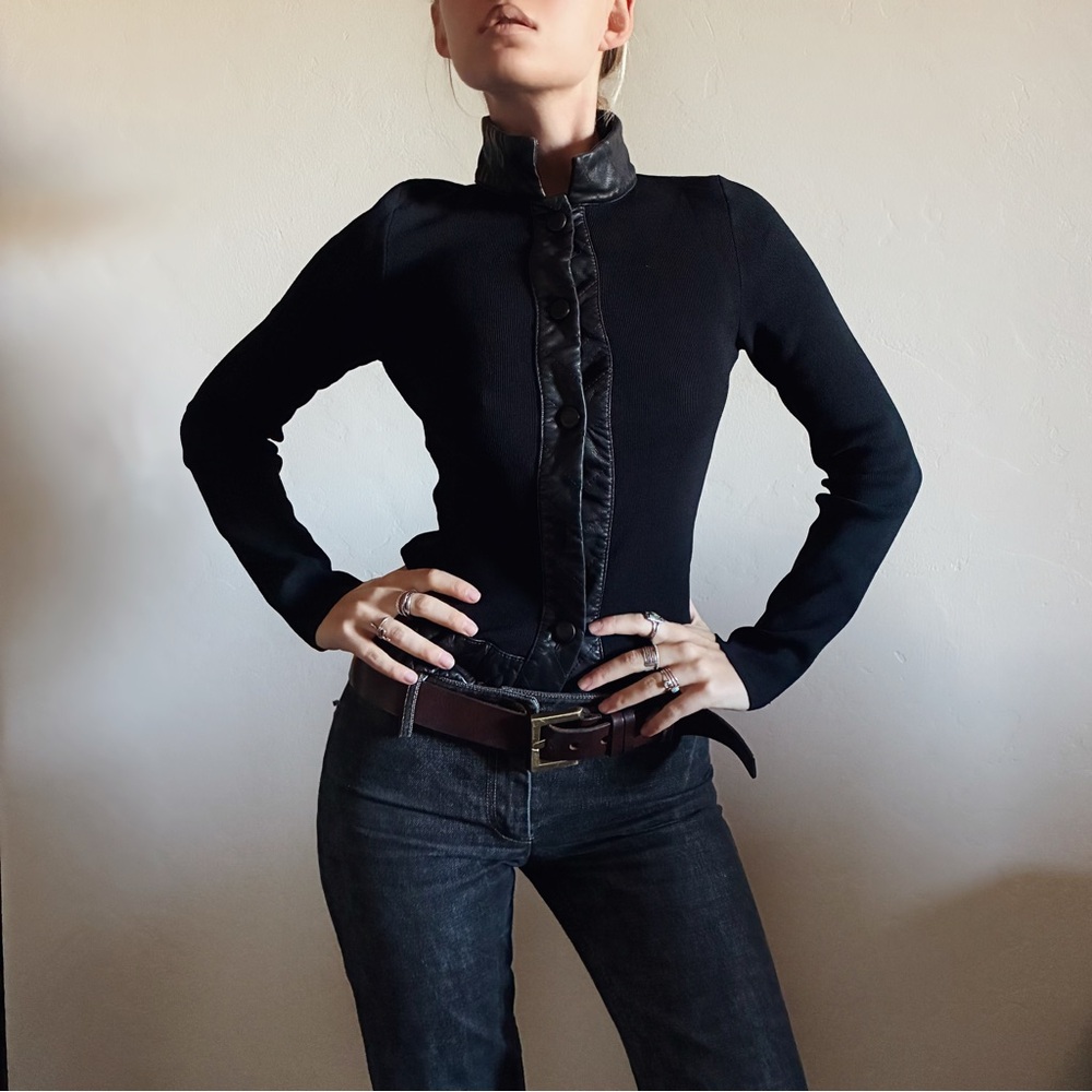 Sleek Leather Trim Button Up Top
